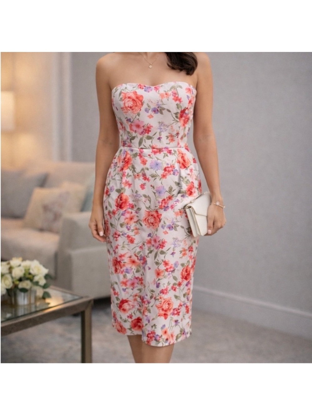 Strapless Pink Floral Sheath Dress